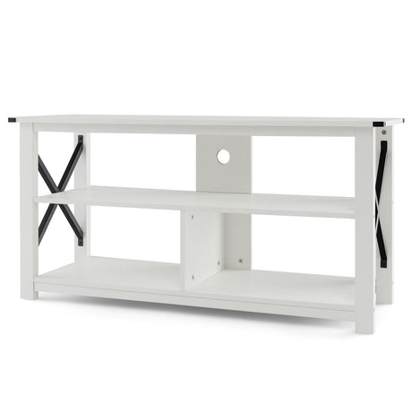 Mueble de TV de madera de 3 niveles para 55 pulgadas con estantes abiertos y estructura en forma de X