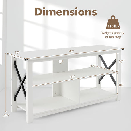 Mueble de TV de madera de 3 niveles para 55 pulgadas con estantes abiertos y estructura en forma de X