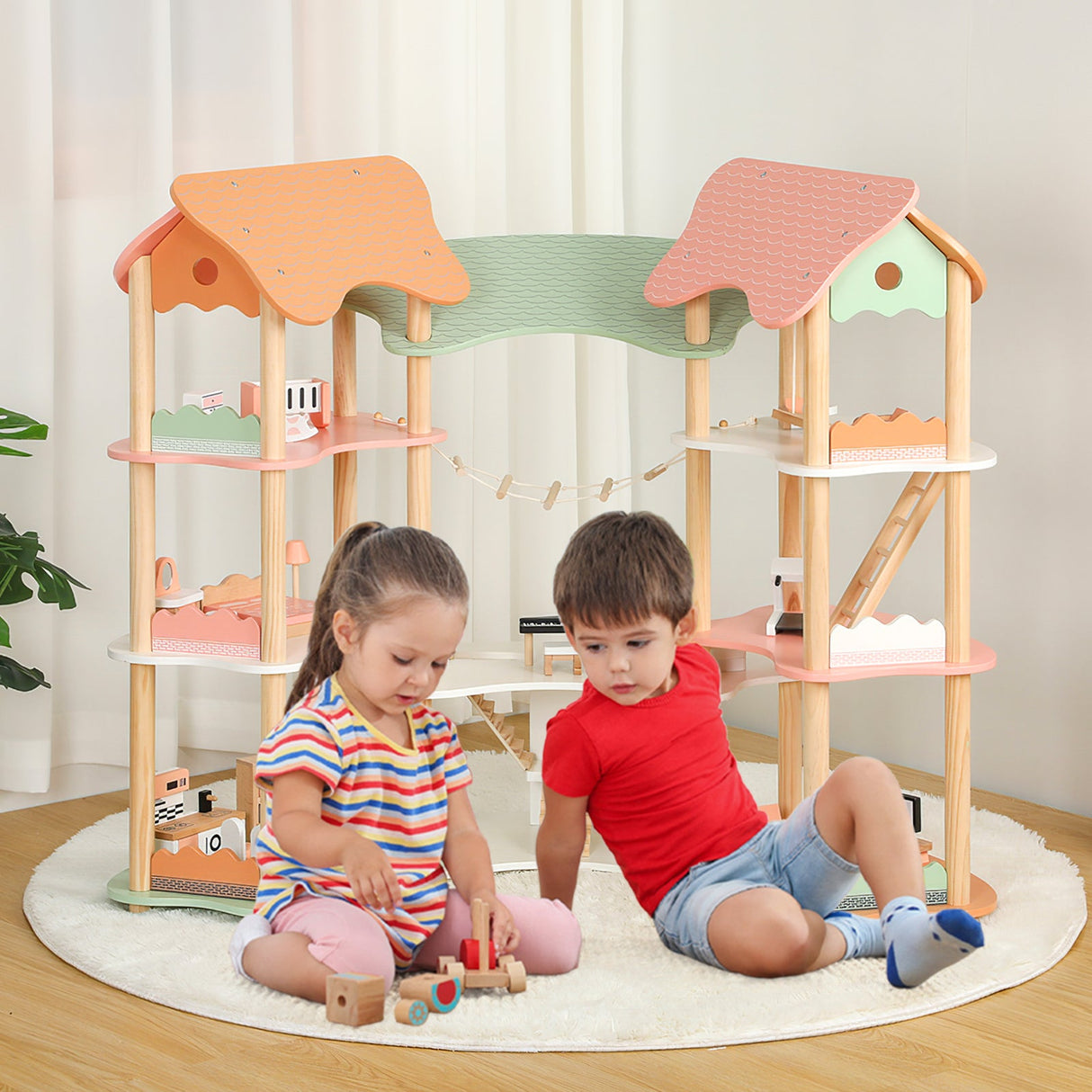 Casa de muñecas de madera de 3 pisos para niños de 3 a 8 años con 32 accesorios-multicolor