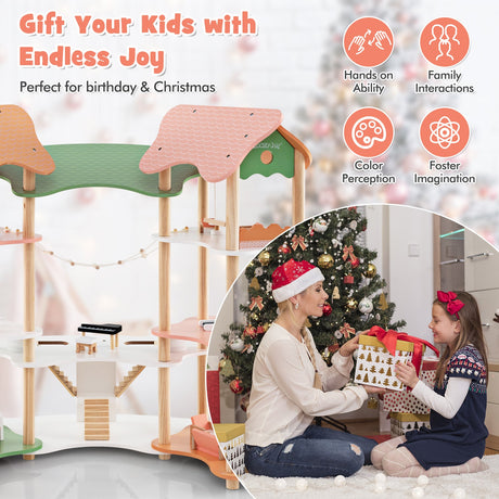 Casa de muñecas de madera de 3 pisos para niños de 3 a 8 años con 32 accesorios-multicolor