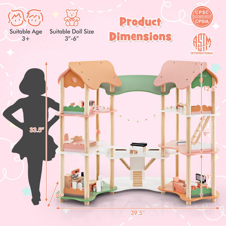 Casa de muñecas de madera de 3 pisos para niños de 3 a 8 años con 32 accesorios-multicolor