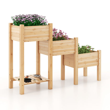 Macetero elevado de madera de 3 niveles con estante de almacenamiento abierto - Natural