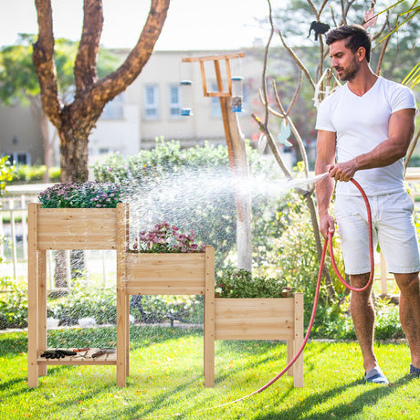 Macetero elevado de madera de 3 niveles con estante de almacenamiento abierto - Natural