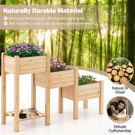 Macetero elevado de madera de 3 niveles con estante de almacenamiento abierto - Natural