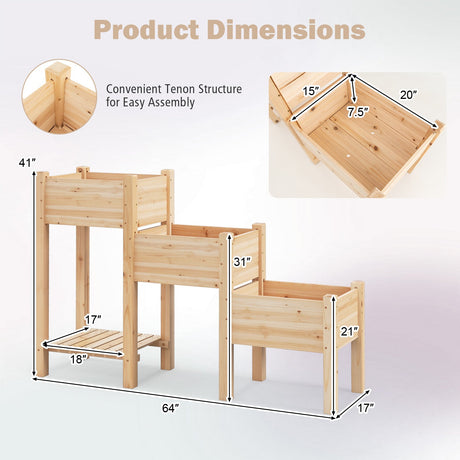 Macetero elevado de madera de 3 niveles con estante de almacenamiento abierto - Natural