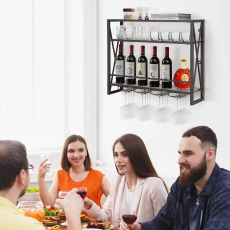 Botellero industrial de pared de 3 niveles con soporte para copas y estructura metálica
