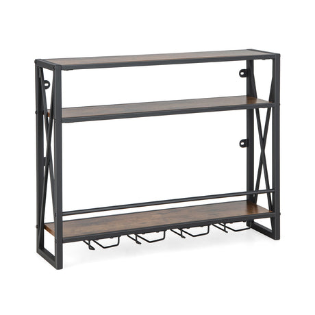 Botellero industrial de pared de 3 niveles con soporte para copas y estructura metálica