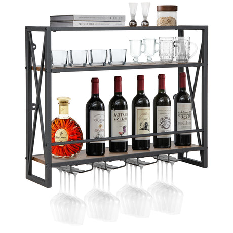 Botellero industrial de pared de 3 niveles con soporte para copas y estructura metálica