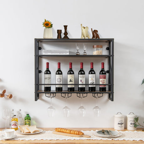 Botellero industrial de pared de 3 niveles con soporte para copas y estructura metálica