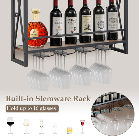 Botellero industrial de pared de 3 niveles con soporte para copas y estructura metálica