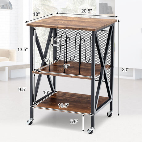 Mesa auxiliar rodante estilo vintage de 3 niveles con 3 divisores para álbumes - Marrón