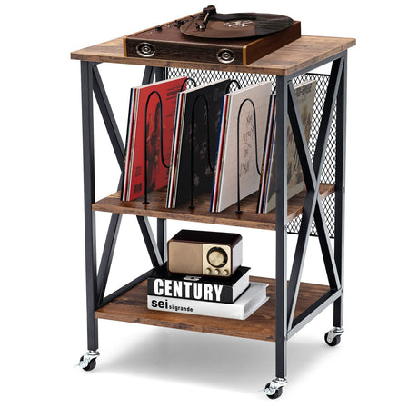 Mesa auxiliar rodante estilo vintage de 3 niveles con 3 divisores para álbumes - Marrón