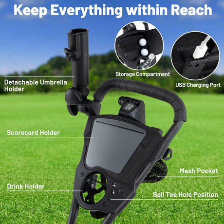 Carro de golf de 3 ruedas con manillar ajustable y 9 ajustes de velocidad