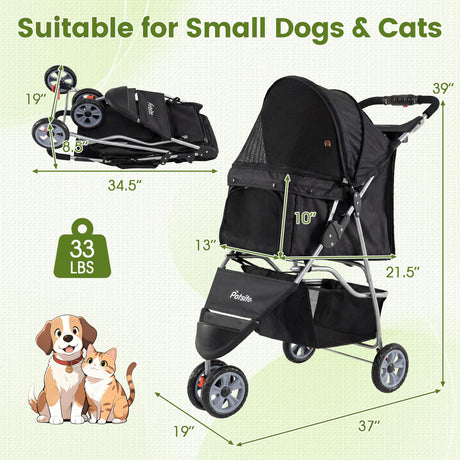 Cochecito de 3 ruedas para mascotas pequeñas (perros y gatos) de hasta 33 lb