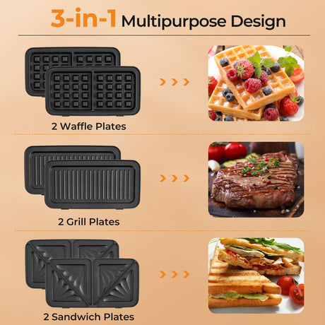 Sandwichera 3 en 1 de 1082 W con placas antiadherentes extraíbles - Negra