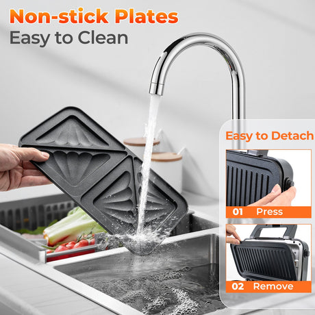 Sandwichera 3 en 1 de 1082 W con placas antiadherentes extraíbles - Negra