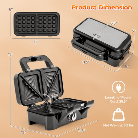 Sandwichera 3 en 1 de 1082 W con placas antiadherentes extraíbles - Negra