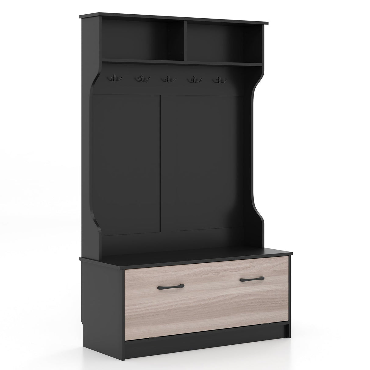 3 in 1 Coat Rack with Entryway Bench and Hooks and Enclosed Cabinet