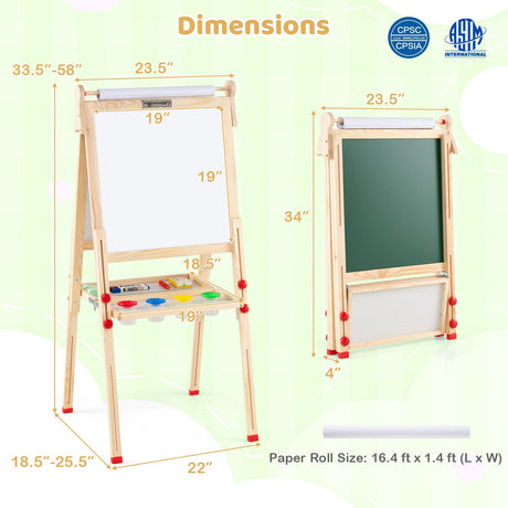 Caballete de arte de madera plegable de doble cara 3 en 1 para niños con rollo de papel