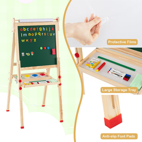 Caballete de arte de madera plegable de doble cara 3 en 1 para niños con rollo de papel