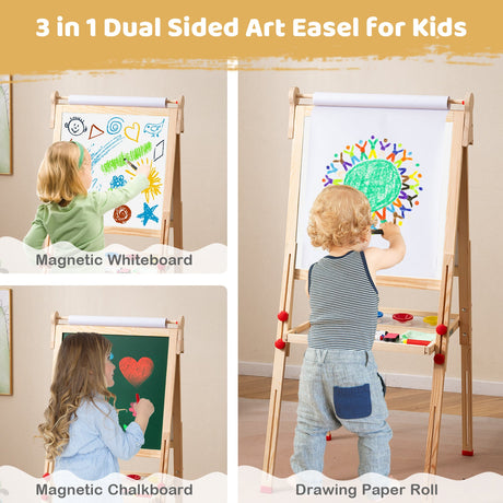 Caballete de arte de madera plegable de doble cara 3 en 1 para niños con rollo de papel