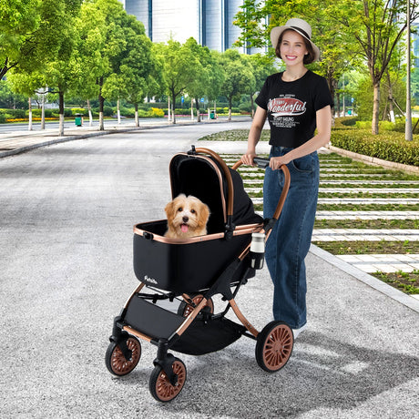 Cochecito plegable 3 en 1 para mascotas con parasol y cinturón de seguridad para perros y gatos pequeños y medianos de hasta 25 kg-Negro