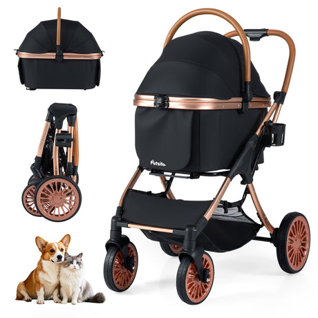 Cochecito plegable 3 en 1 para mascotas con parasol y cinturón de seguridad para perros y gatos pequeños y medianos de hasta 25 kg-Negro