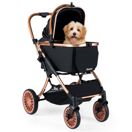 Cochecito plegable 3 en 1 para mascotas con parasol y cinturón de seguridad para perros y gatos pequeños y medianos de hasta 25 kg-Negro