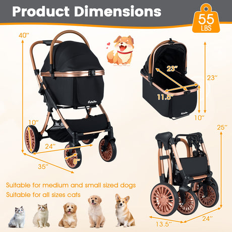 Cochecito plegable 3 en 1 para mascotas con parasol y cinturón de seguridad para perros y gatos pequeños y medianos de hasta 25 kg-Negro