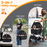 3-in-1 Foldable Pet Stroller with Sun Shade and Safety Belt for up to 55 lbs Small Medium Dogs Cats-Black