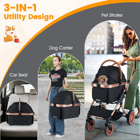 Cochecito plegable 3 en 1 para mascotas con parasol y cinturón de seguridad para perros y gatos pequeños y medianos de hasta 25 kg-Negro