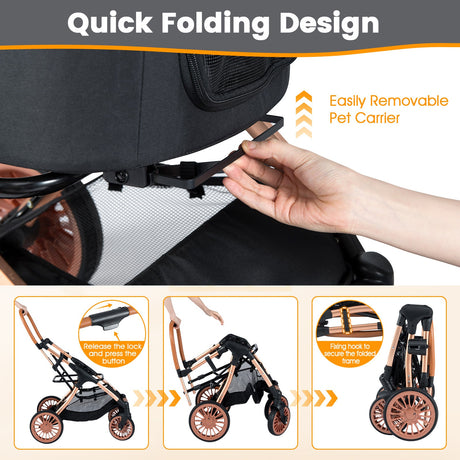 Cochecito plegable 3 en 1 para mascotas con parasol y cinturón de seguridad para perros y gatos pequeños y medianos de hasta 25 kg-Negro