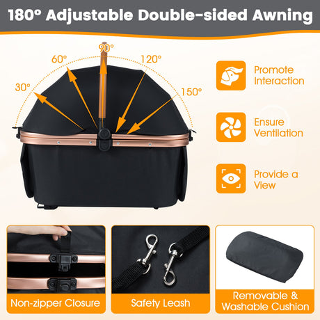 Cochecito plegable 3 en 1 para mascotas con parasol y cinturón de seguridad para perros y gatos pequeños y medianos de hasta 25 kg-Negro
