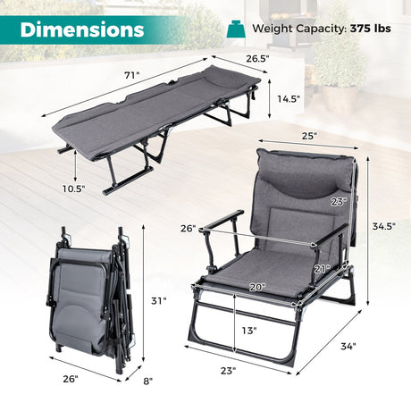 Catres de camping plegables 3 en 1 con cómodo acolchado, convertible en sillón individual - Gris
