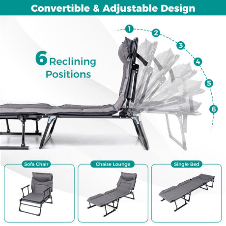 Catres de camping plegables 3 en 1 con cómodo acolchado, convertible en sillón individual - Gris