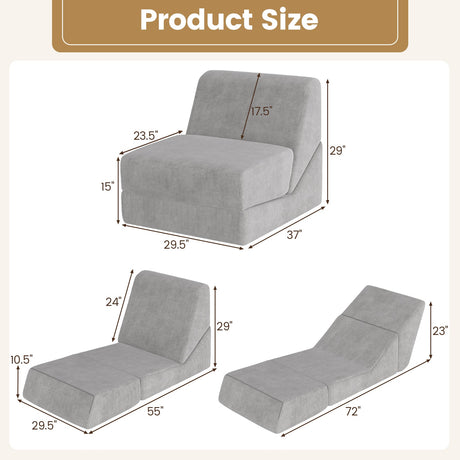 Sofá cama plegable 3 en 1 con funda con cremallera lavable - Gris