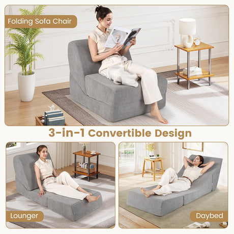 Sofá cama plegable 3 en 1 con funda con cremallera lavable - Gris