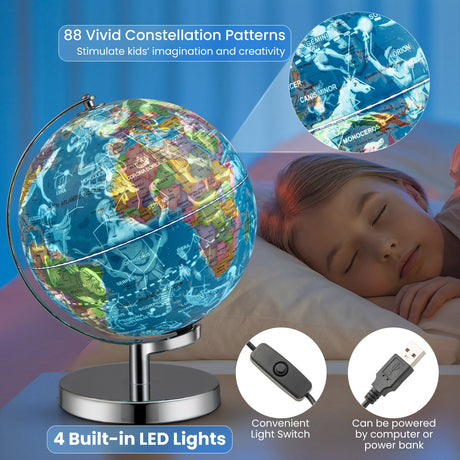 Globo terráqueo iluminado 3 en 1 con soporte y 88 constelaciones