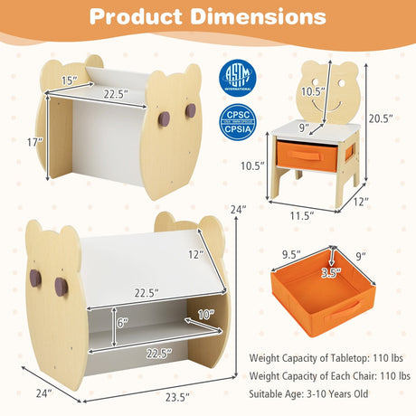 Mesa y silla de arte 3 en 1 para niños con almacenamiento y pizarra blanca/negra reversible para edades de 3 a 10 años - Blanco