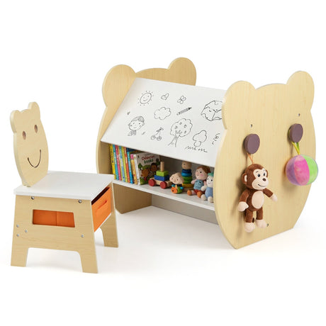 Mesa y silla de arte 3 en 1 para niños con almacenamiento y pizarra blanca/negra reversible para edades de 3 a 10 años - Blanco