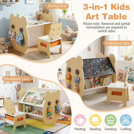 Mesa y silla de arte 3 en 1 para niños con almacenamiento y pizarra blanca/negra reversible para edades de 3 a 10 años - Blanco