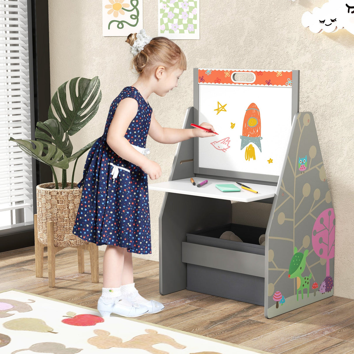 3 in 1 Kids Easel and Play Station Convertible with Chair and Storage Bins