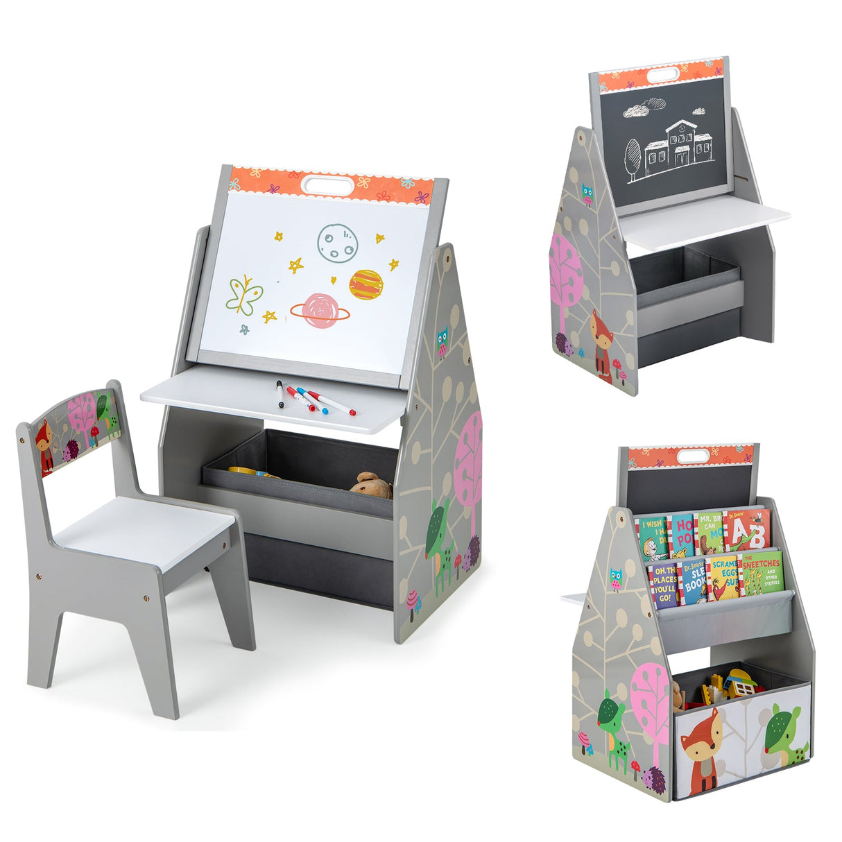 3 in 1 Kids Easel and Play Station Convertible with Chair and Storage Bins