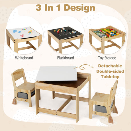 Juego de mesa y 2 sillas para niños 3 en 1 con tablero extraíble y 2 cajones de almacenamiento