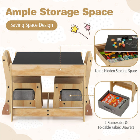 Juego de mesa y 2 sillas para niños 3 en 1 con tablero extraíble y 2 cajones de almacenamiento