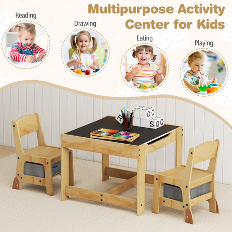 Juego de mesa y 2 sillas para niños 3 en 1 con tablero extraíble y 2 cajones de almacenamiento