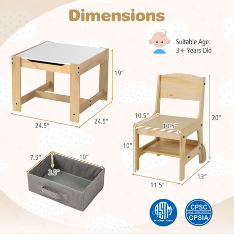 Juego de mesa y 2 sillas para niños 3 en 1 con tablero extraíble y 2 cajones de almacenamiento