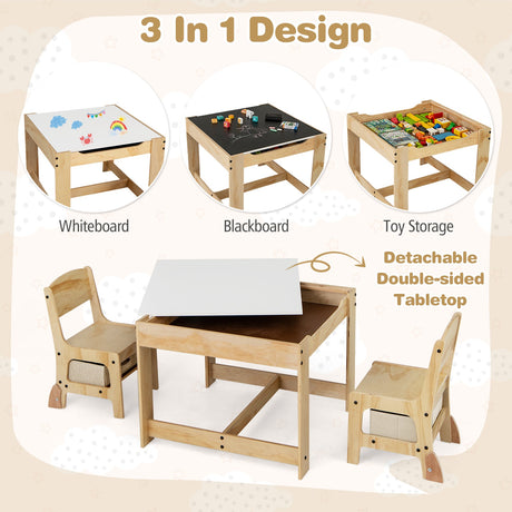 Juego de mesa y 2 sillas para niños 3 en 1 con tablero extraíble y 2 cajones de almacenamiento