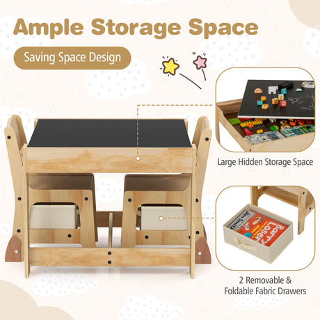Juego de mesa y 2 sillas para niños 3 en 1 con tablero extraíble y 2 cajones de almacenamiento