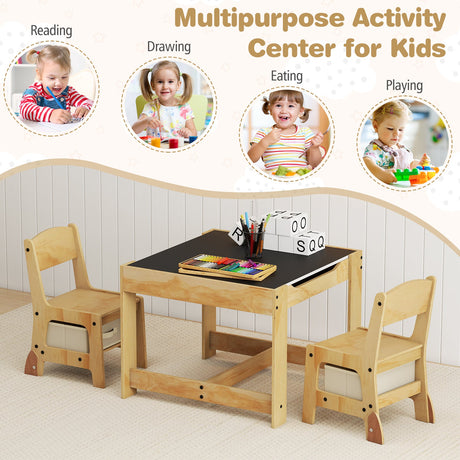 Juego de mesa y 2 sillas para niños 3 en 1 con tablero extraíble y 2 cajones de almacenamiento